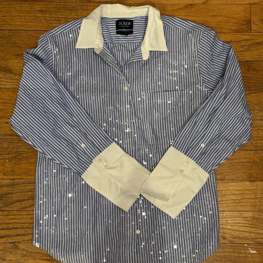 J. Crew Blue and White Button Down Shirt with Contrast Collar